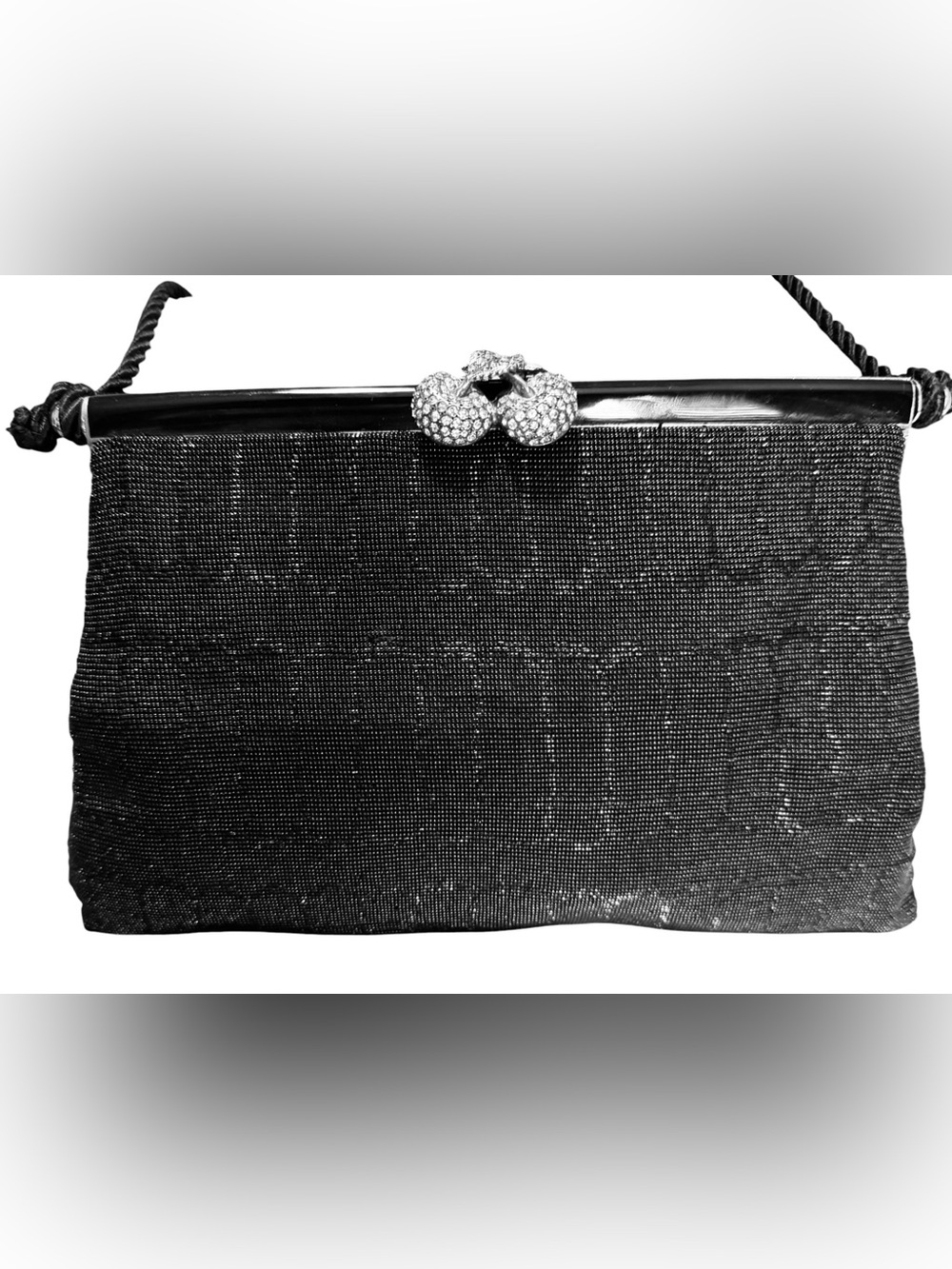 Vintage Black Micro Beaded Evening Bag Rhinestone Cherry Clasp Clutch